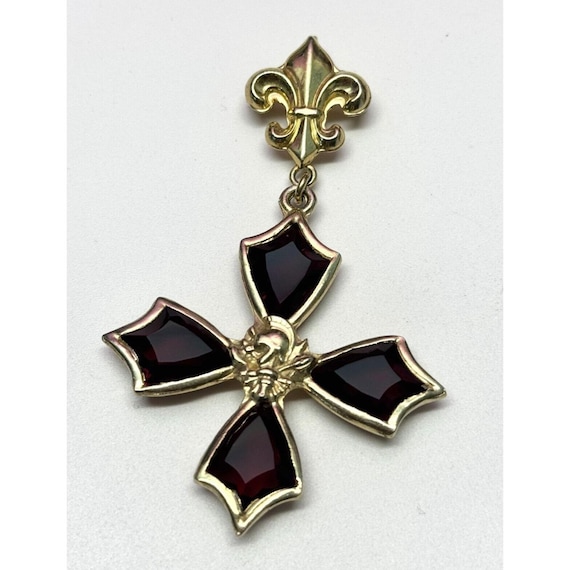 Vintage Accessocraft NYC Red Glass Maltese Cross Brooch Pin