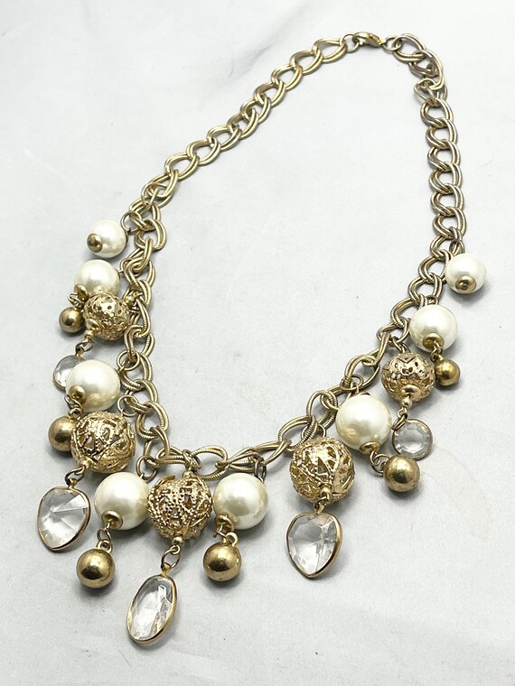 Vintage Gold Pearl Crystal Filigree Bead Charm Ne… - image 5