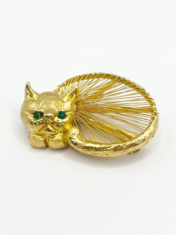 Vintage Cat Gold Mesh Rhinestone Brooch Pin - image 4