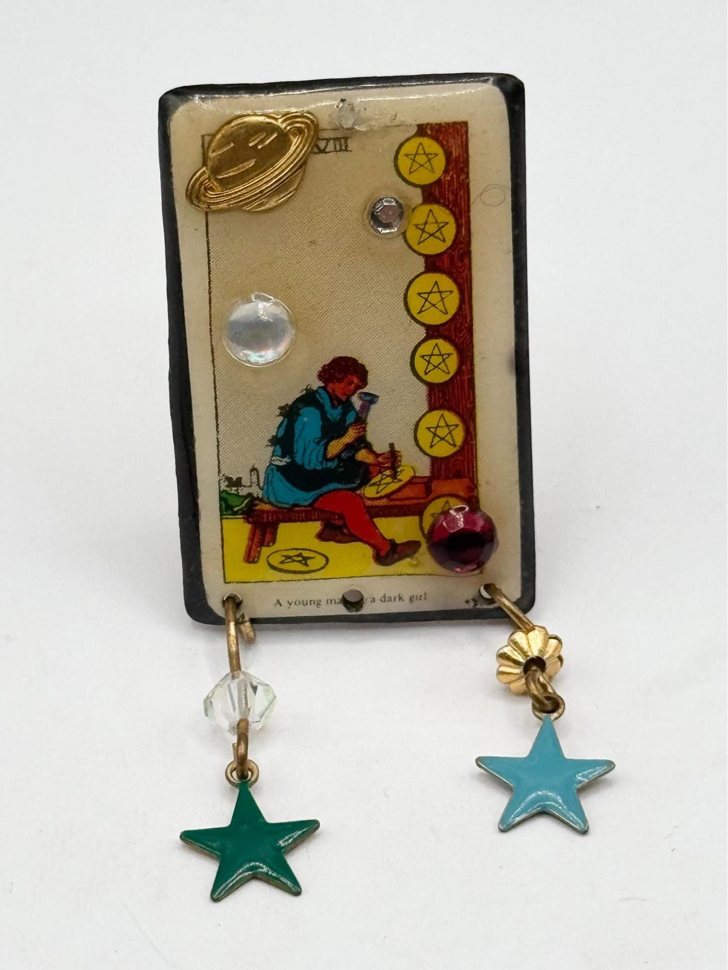 Vintage Eight of Pentacles tarot card crystal rhinestone brooch pin