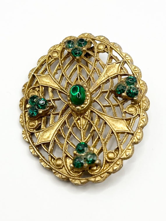 Vintage Green Rhinestone Gold Filigree Brooch Pin - image 2