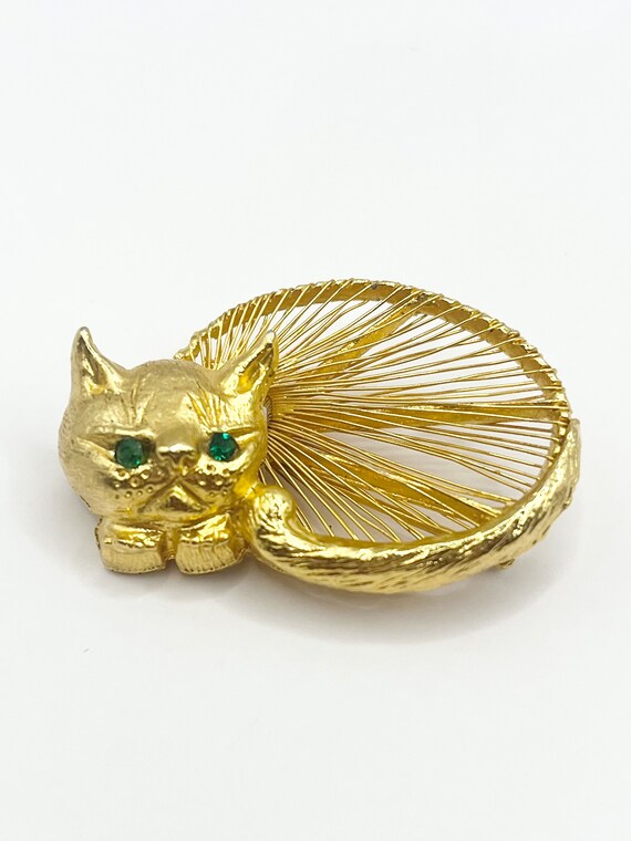 Vintage Cat Gold Mesh Rhinestone Brooch Pin - image 2