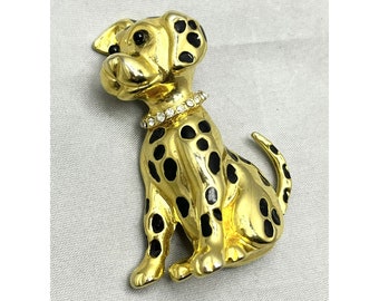 vintage Gold Strass Émail Spotted Dalmatian Dog Brooch Pin
