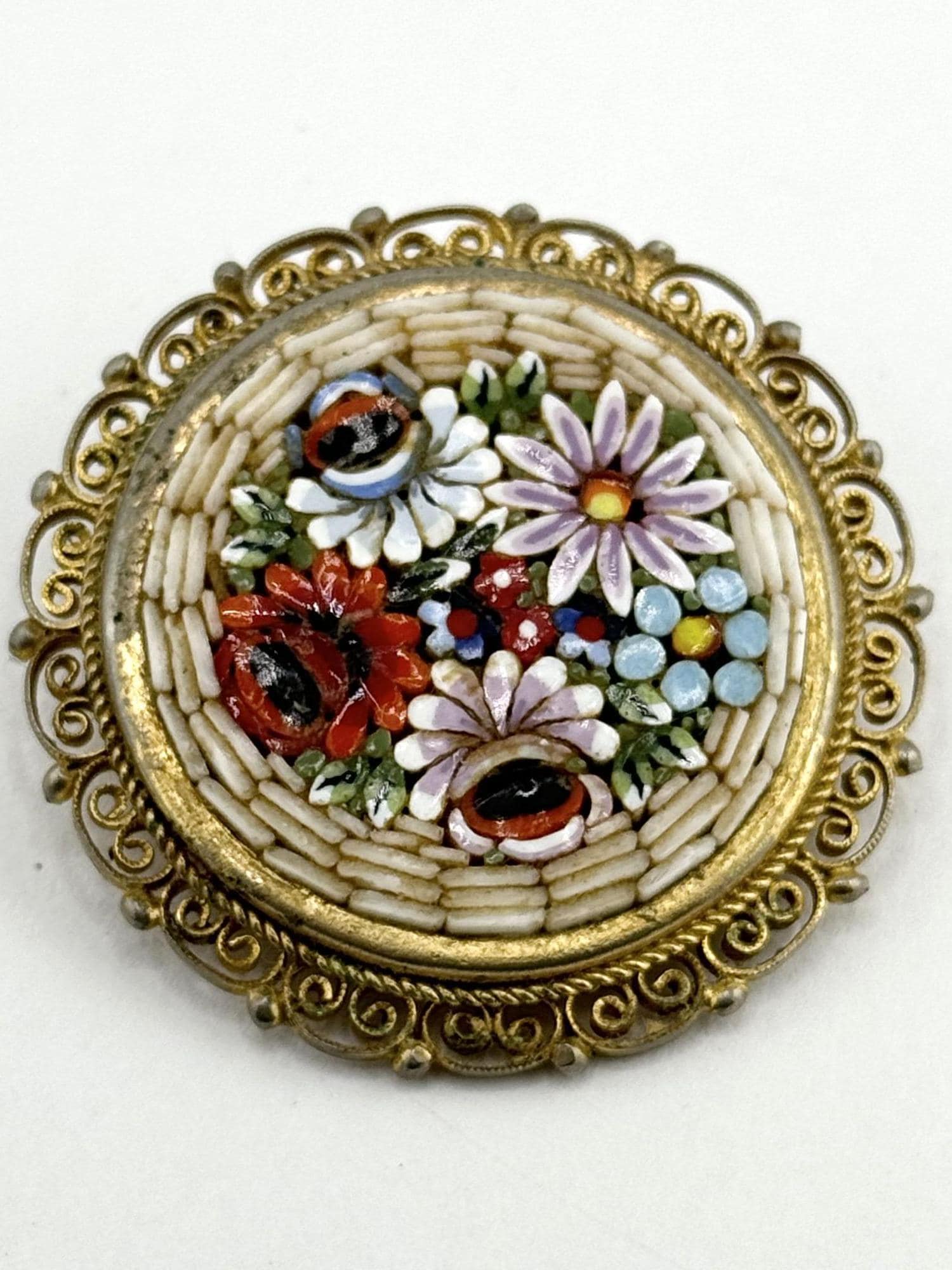 ヴィンテージ イタリア ガラス マイクロモザイク フローラル ブローチ