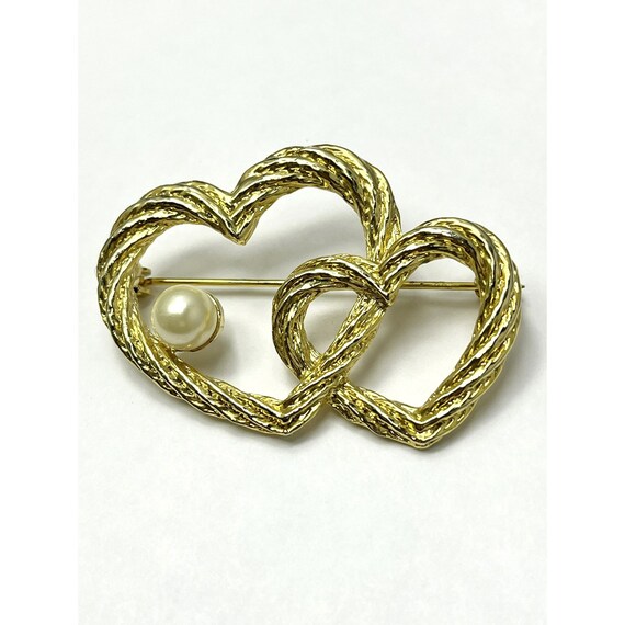 Vintage Double Heart Brooch Pin - image 2