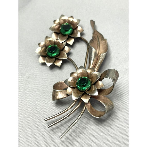 Vintage Estate Green Rhinestone Flower Brooch Pin - image 4