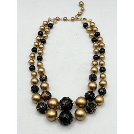 Vintage Japan black and gold beaded two strand ne… - image 1