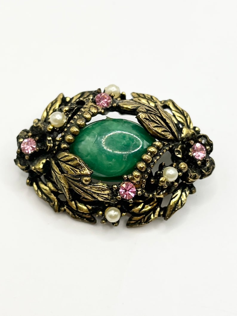 Vintage high quality Estate Green Glass Pink Rhinestone Brooch Pin