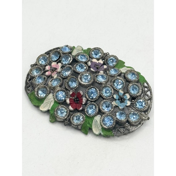 Estate art deco blue flower rhinestone brooch pin - image 3