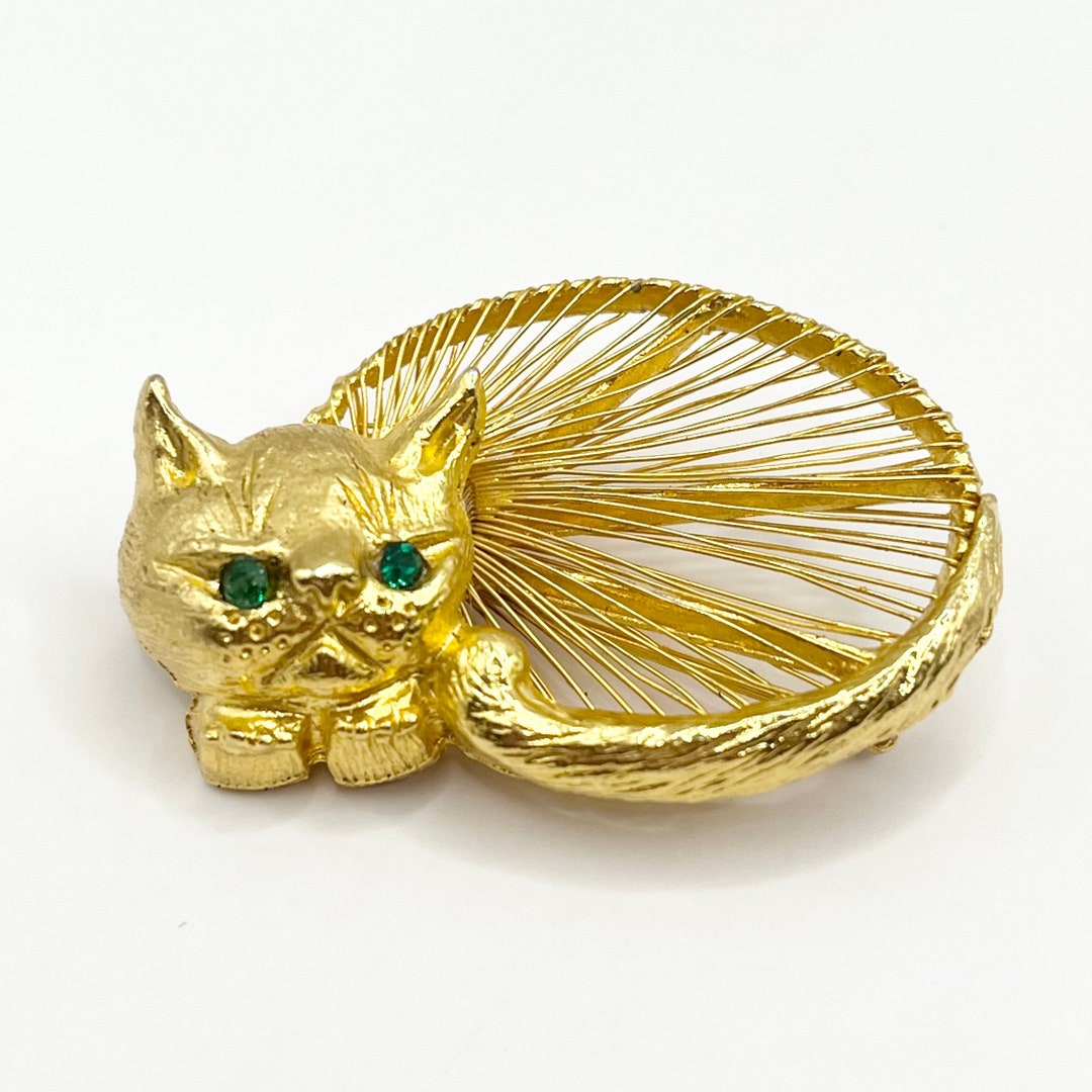 Vintage Cat Gold Mesh Rhinestone Brooch Pin - Etsy
