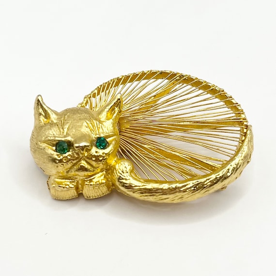 Vintage Cat Gold Mesh Rhinestone Brooch Pin - image 1