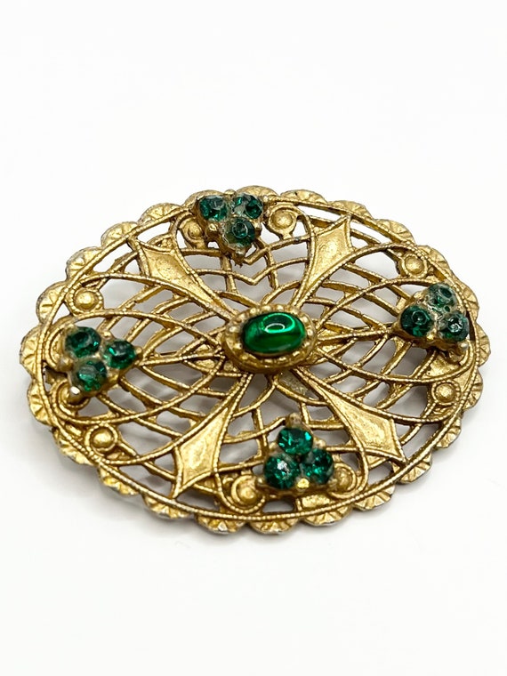 Vintage Green Rhinestone Gold Filigree Brooch Pin - image 3