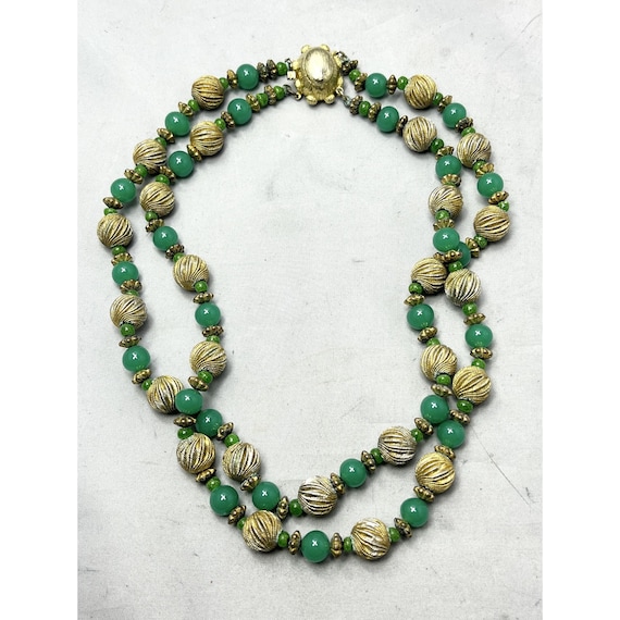 Vintage Green Glass Beaded Double Strand Necklace - image 3