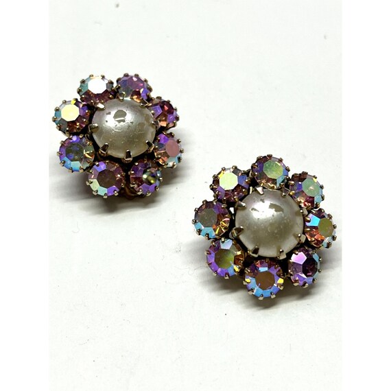 Vintage Weiss Pink Rhinestone Flower Earrings - image 2