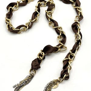 Brown ribbon gold rhinestone chain lariat tassel necklace