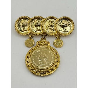 Vintage gold coin charm brooch pin