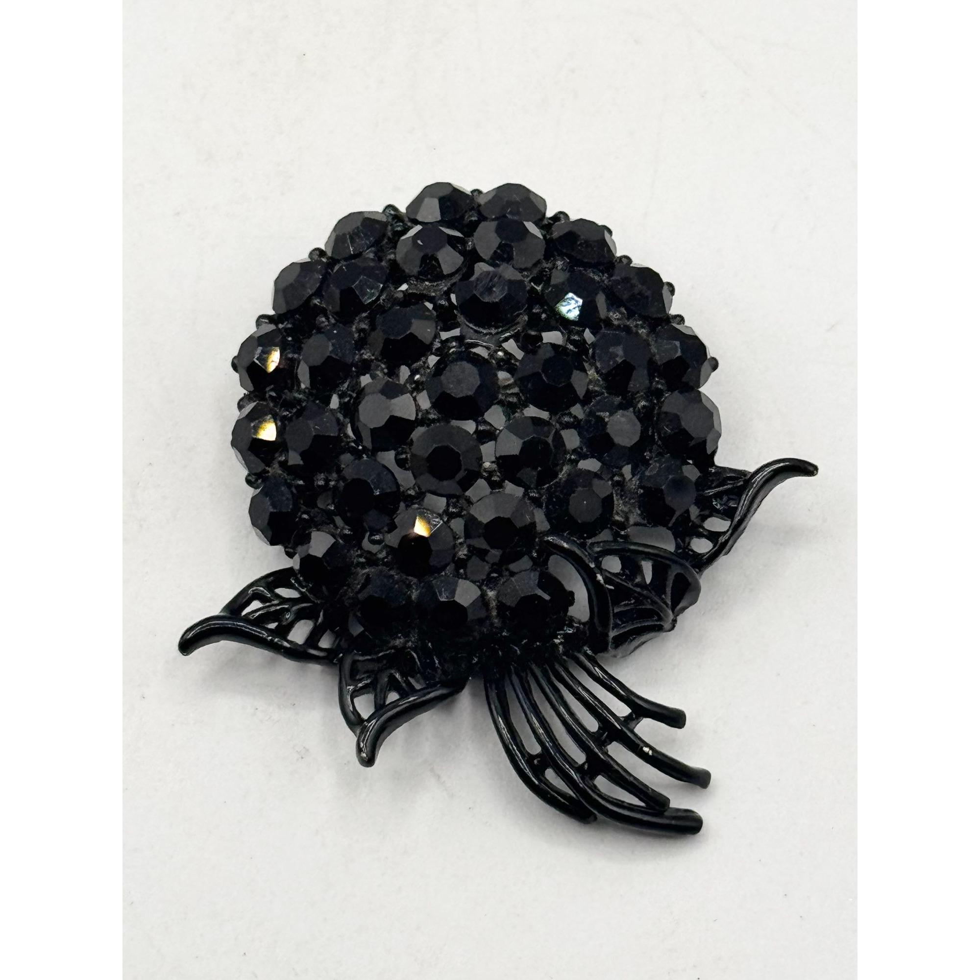McDavidian Black Crystal Pave Flower Brooch Vintage Miriam Haskell Black White Crystal Flower Brooch  main image 3