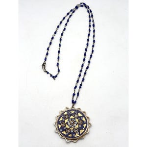Blue beaded mosaic pendant necklace