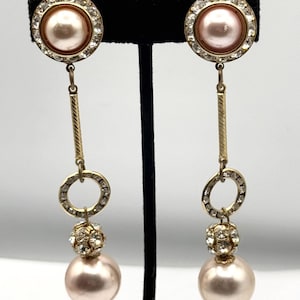 Vintage rhinestone faux pearl dangle drop statement earrings