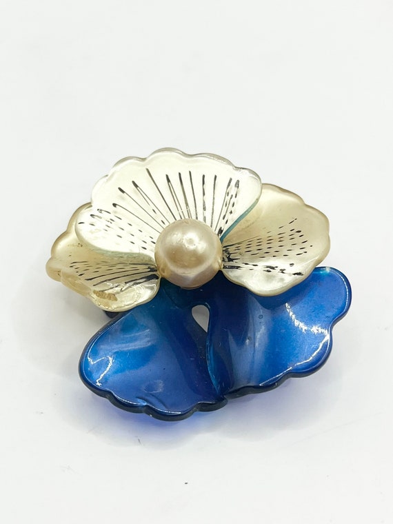 Vintage Blue Lucite Pearl Flower Brooch Pin - image 2