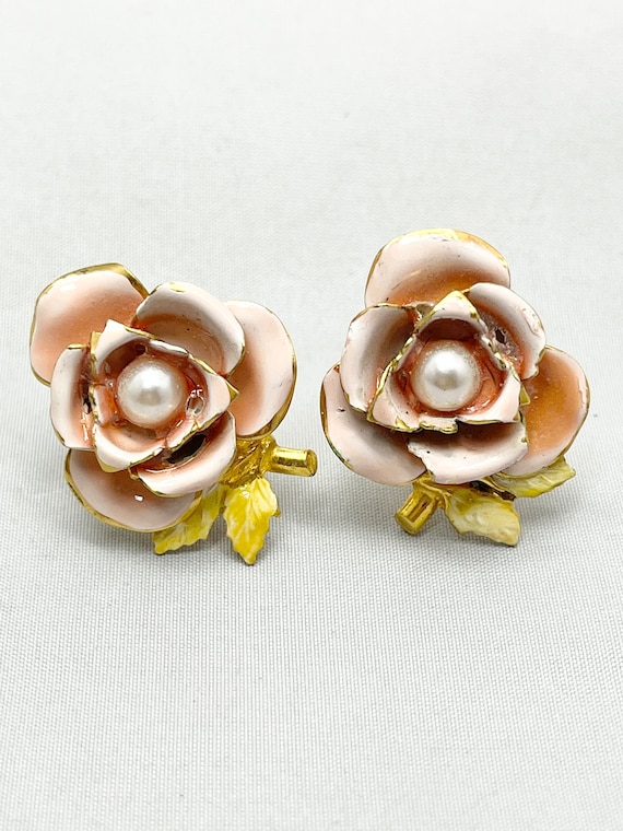 Vintage Rose Flower Pink Enamel Earrings