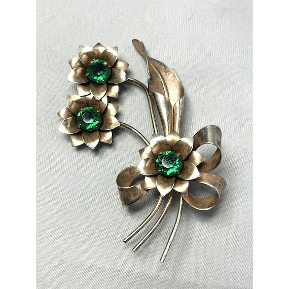 Vintage Estate Green Rhinestone Flower Brooch Pin - image 1