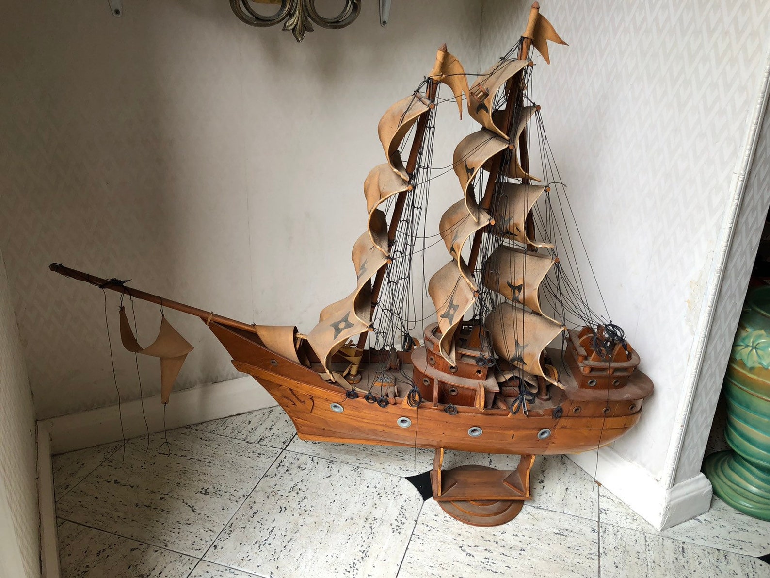 Antique Folk Art Wooden Hand Made Ship With Sails Etsy