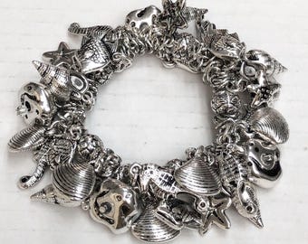 New silver sea life sea shell fish clam sea horse charm stretch bracelet