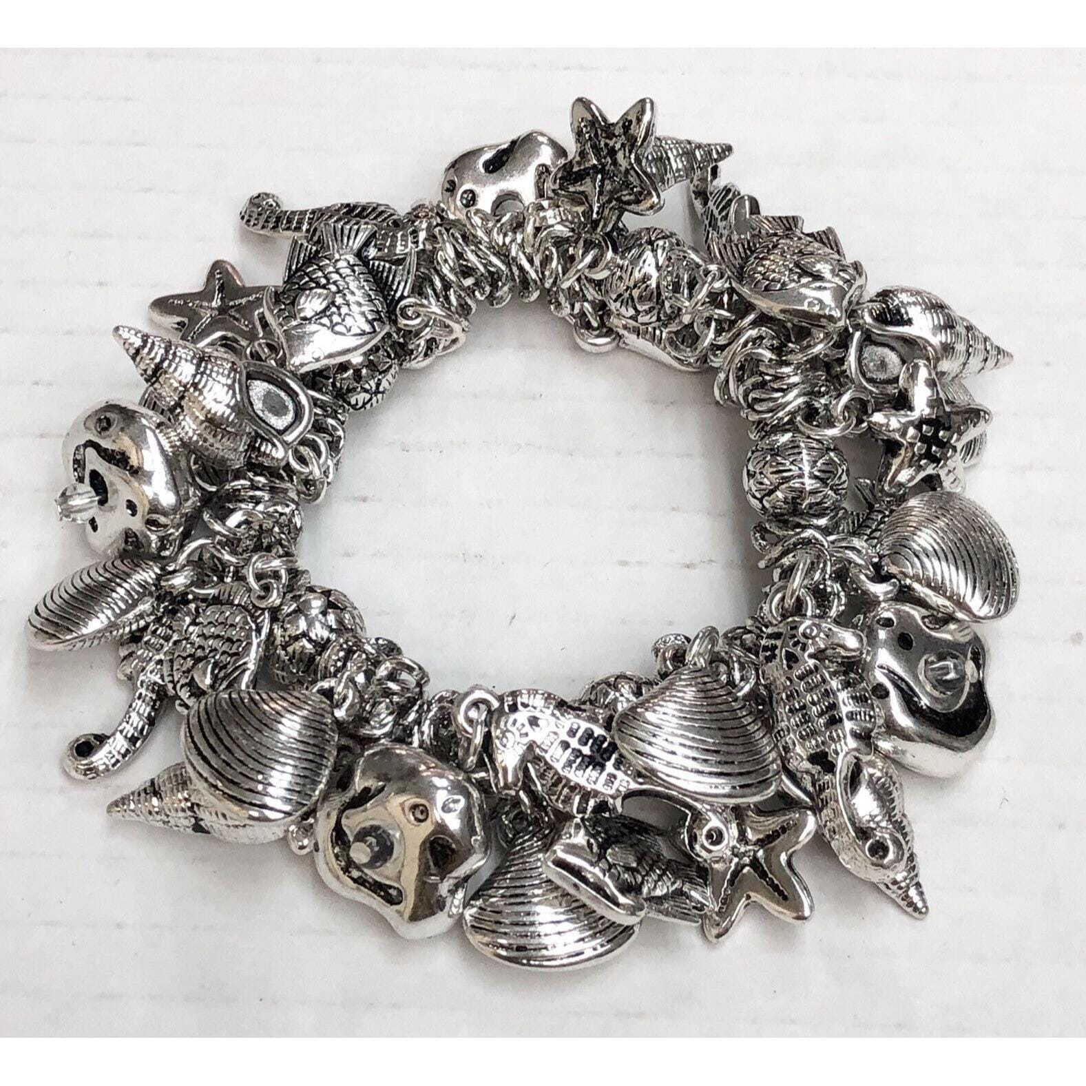 New silver sea life sea shell fish clam sea horse charm stretch bracelet