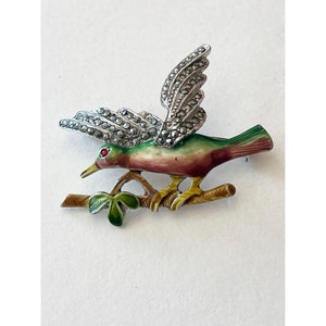 Vintage Enamel Marcasite Stone Bird Brooch Pin