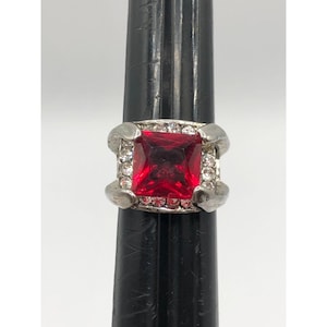 Vintage red rhinestone silver tone ring size 5