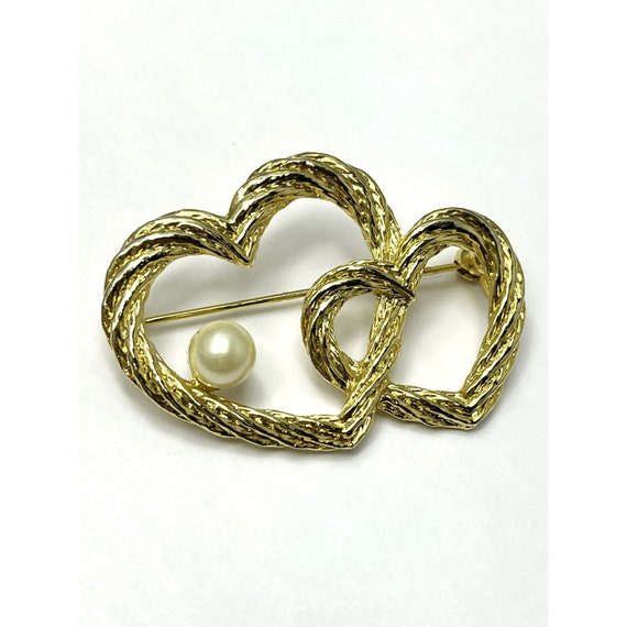 Vintage Double Heart Brooch Pin - image 3