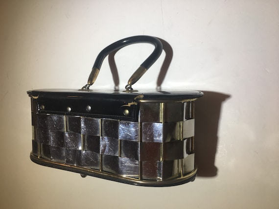 Vintage Metallic basket woven Box Purse Bag - image 9