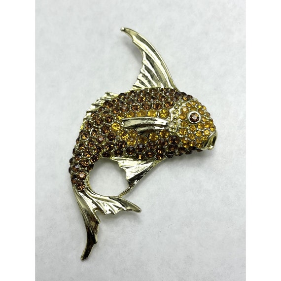Vintage Brown Rhinestone Fish Brooch Pin - image 1
