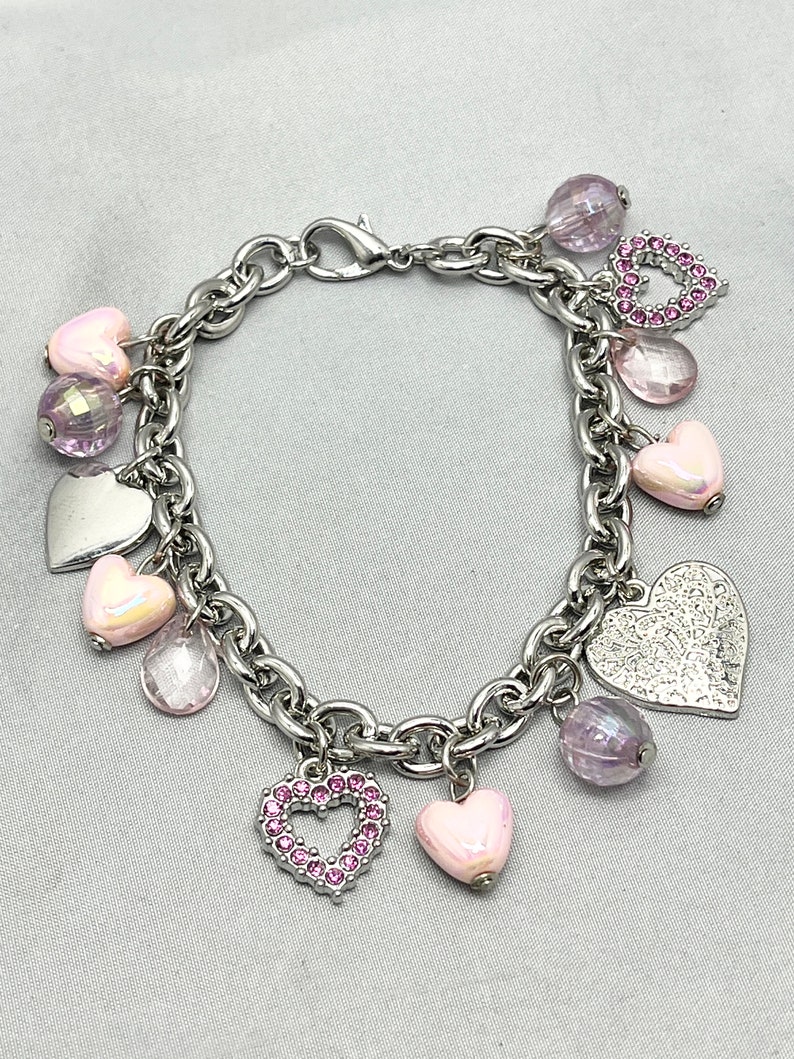 vintage Pink Strass Heart Charm Bracelet image 4