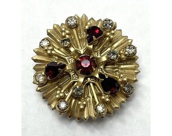 Vintage Red Rhinestone Flower Brooch Pin