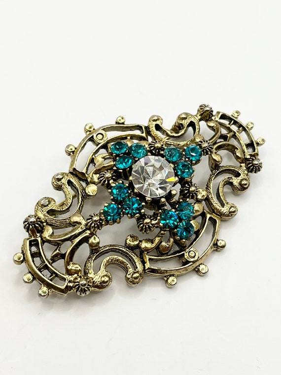 Vintage green rhinestone brooch pin - image 3