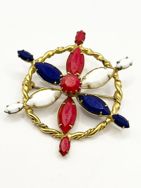 Vintage Red White & Blue Rhinestone Nautical Broo… - image 1