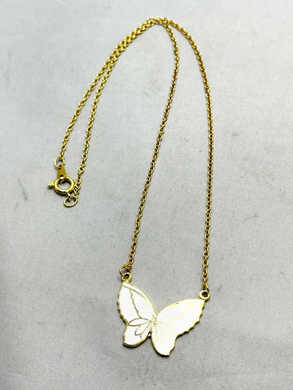 Vintage White Enamel Butterfly Necklace