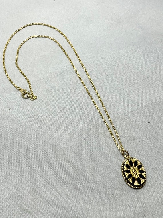 Vintage Black Enamel Flower Pendant Charm Necklace