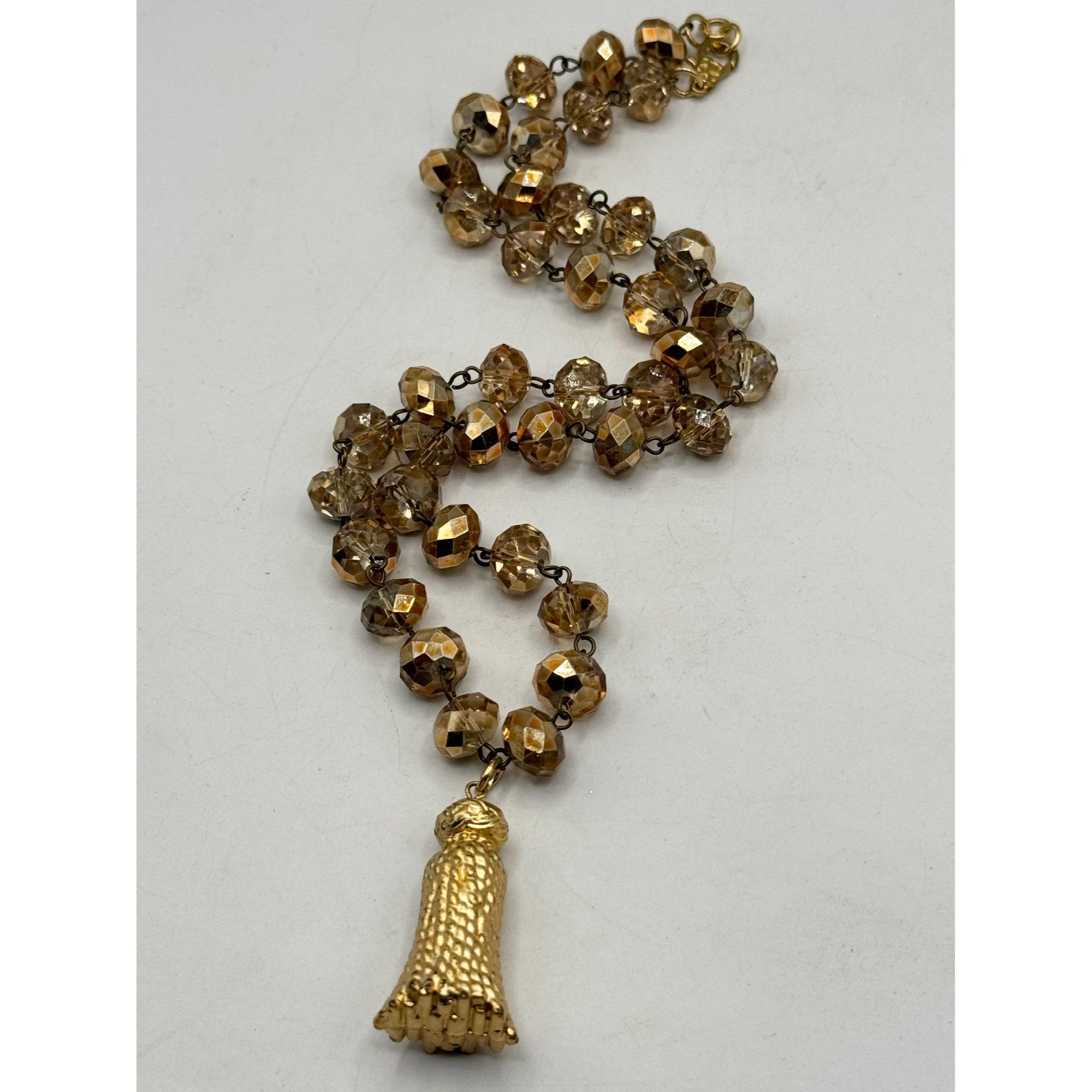 Collier Vintage Années 70-80 - Pampilles, Perles Et Cristal Résine Doré - Sans Marque - 42 Cm