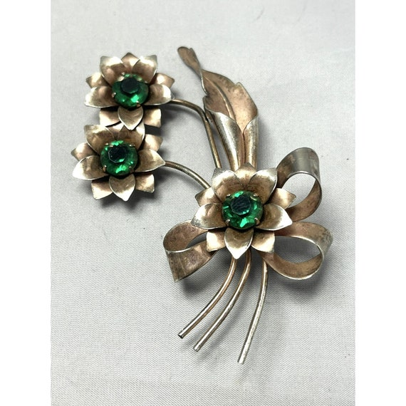 Vintage Estate Green Rhinestone Flower Brooch Pin - image 2