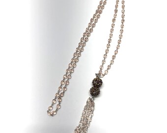 Vintage pink crystal beaded rhinestone tassel necklace