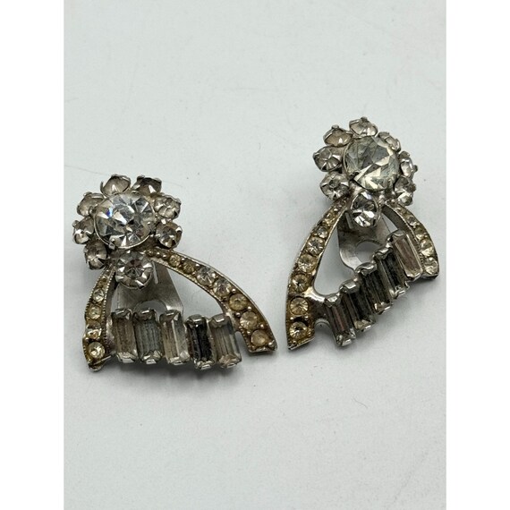 Vintage floral rhinestone silver clip on earrings - image 4