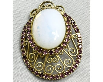 vintage Glass Moonstone Purple Strass Brooch Pin