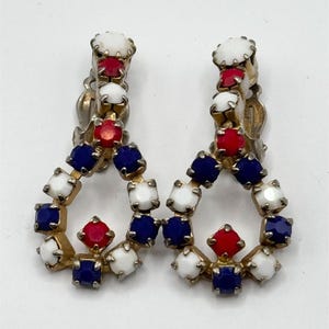 Vintage red white blue rhinestone dangle earrings