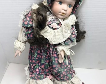 Porcelain Doll With Floral Dress Bonnet And Stand