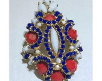 KJL Kenneth Jay Lane Vintage Red White Blue Rhinestone Pendant Brooch Pin