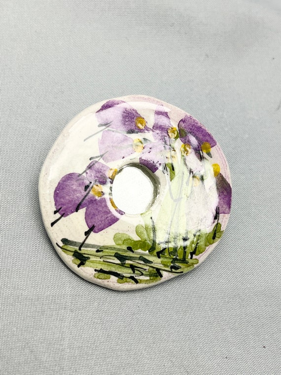 Vintage Purple Flower Floral Circle Brooch Pin - image 2
