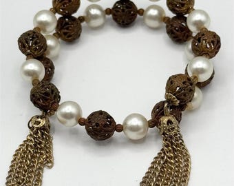 Vintage filigree ball faux pearl wire wrap chain tassel bracelet